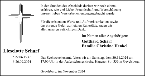Traueranzeige von Lieselotte Scharf von Tageszeitung