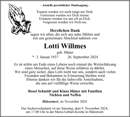 Traueranzeige von Lotti Willmes von Tageszeitung