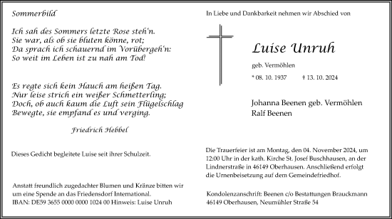 Traueranzeige von Luise Unruh von Tageszeitung