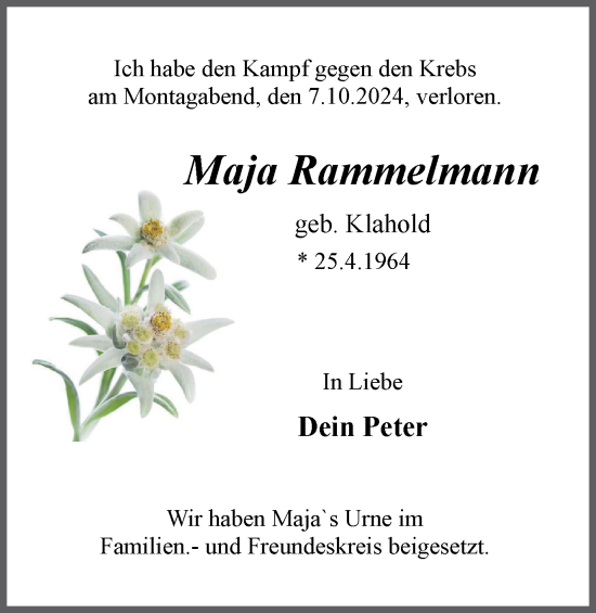 Traueranzeige von Maja Rammelmann von Tageszeitung
