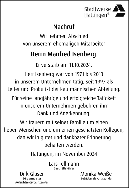 Traueranzeige von Manfred Isenberg von Tageszeitung