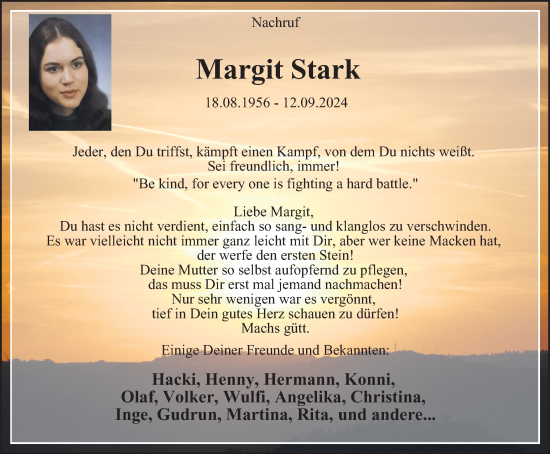 Traueranzeige von Margit Stark von Tageszeitung