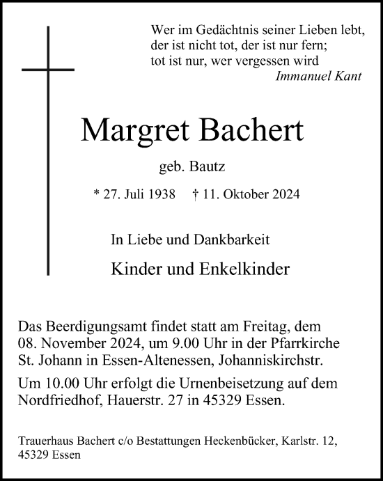 Traueranzeige von Margret Bachert von Tageszeitung