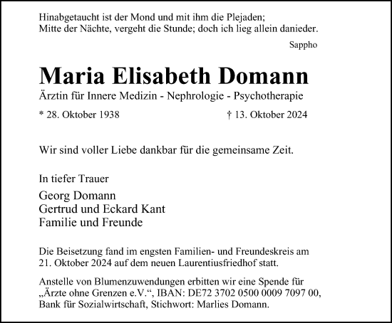 Traueranzeige von Maria Elisabeth Domann von Tageszeitung