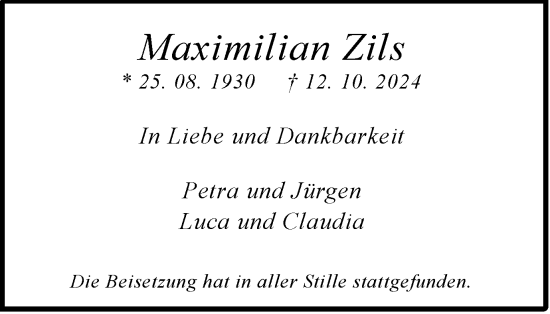 Traueranzeige von Maximilian Zils von Tageszeitung