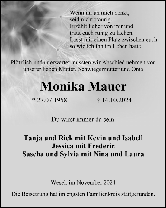 Traueranzeige von Monika Mauer von Tageszeitung