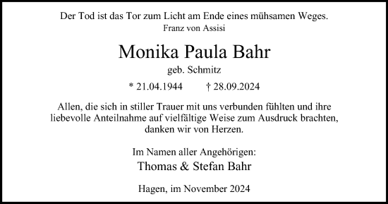Traueranzeige von Monika Paula Bahr von Tageszeitung