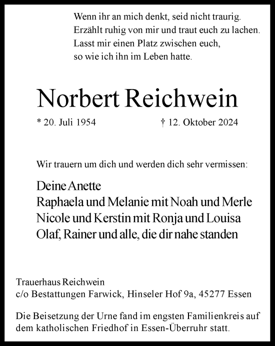 Traueranzeige von Norbert Reichwein von Tageszeitung