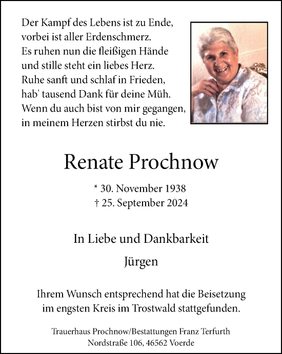 Traueranzeige von Renate Prochnow von Tageszeitung