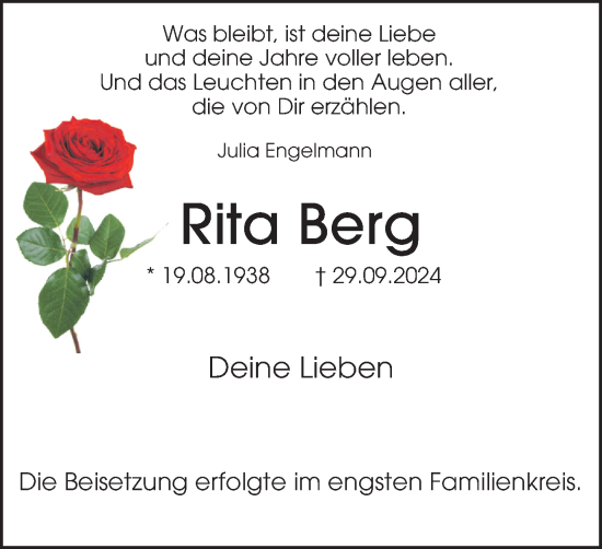 Traueranzeige von Rita Berg von Tageszeitung