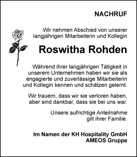 Traueranzeige von Roswitha Rohden von Tageszeitung