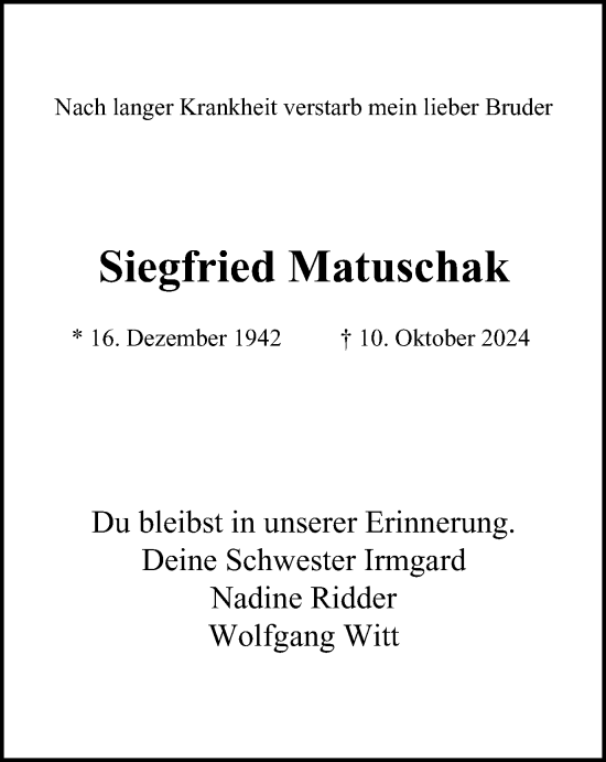 Traueranzeige von Siegfried Matuschak von Tageszeitung