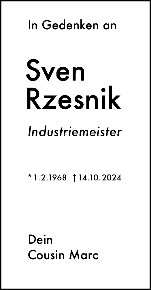 Traueranzeige von Sven Rzesnik von Tageszeitung
