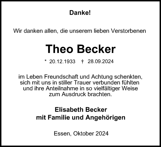 Traueranzeige von Theo Becker von Tageszeitung