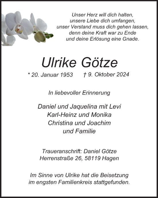 Traueranzeige von Ulrike Götze von Tageszeitung