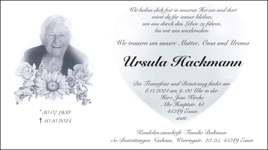 Traueranzeige von Ursula Hackmann von Tageszeitung