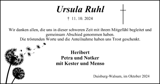 Traueranzeige von Ursula Ruhl von Tageszeitung