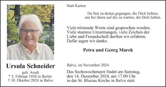 Traueranzeige von Ursula Schneider von Tageszeitung