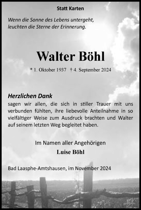 Traueranzeige von Walter Böhl von Tageszeitung