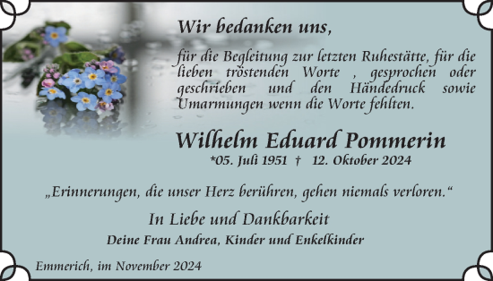Traueranzeige von Wilhelm Eduard Pommerin von Tageszeitung