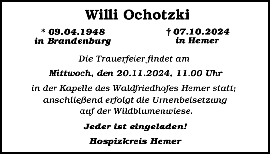 Traueranzeige von Willi Ochotzki von Tageszeitung