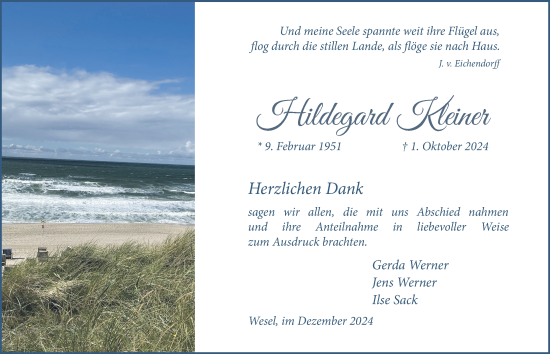 Traueranzeige von Hildegard Kleiner von Tageszeitung