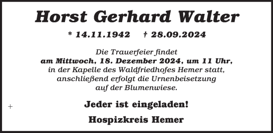 Traueranzeige von Horst Gerhard Walter von Tageszeitung