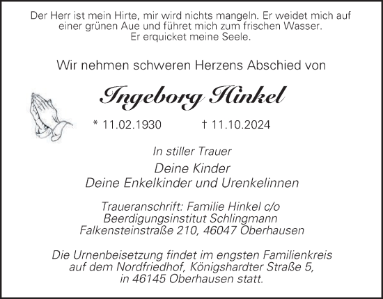 Traueranzeige von Ingeborg Hinkel von Tageszeitung