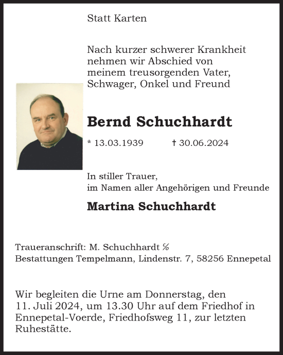 Traueranzeige von Bernd Schuchhardt von Tageszeitung