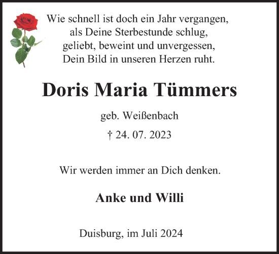 Traueranzeige von Doris Maria Tümmers von Tageszeitung