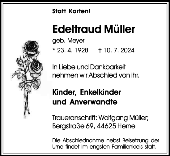 Traueranzeige von Edeltraud Müller von Tageszeitung