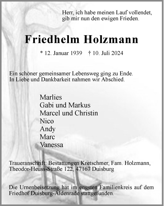 Traueranzeige von Friedhelm Holzmann von Tageszeitung