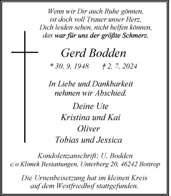Traueranzeige von Gerd Bodden von Tageszeitung