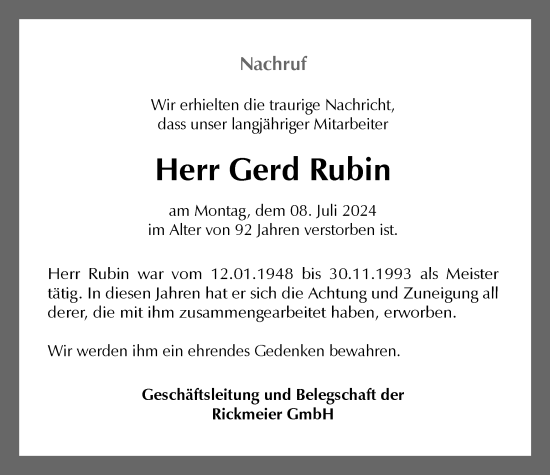 Traueranzeige von Gerd Rubin von Tageszeitung