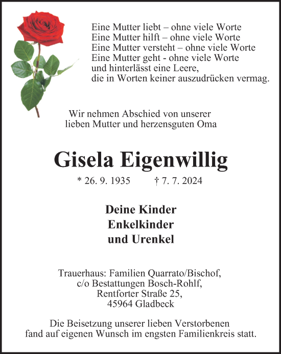 Traueranzeige von Gisela Eigenwillig von Tageszeitung