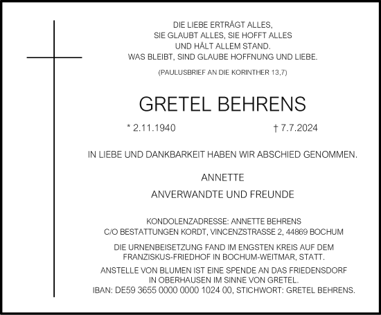 Traueranzeige von Gretel Behrens von Tageszeitung