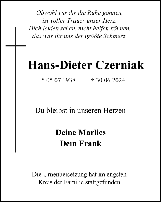 Traueranzeige von Hans-Dieter Czerniak von Tageszeitung