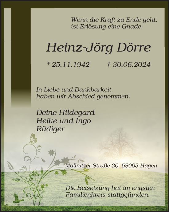 Traueranzeige von Heinz-Jörg Dörre von Tageszeitung