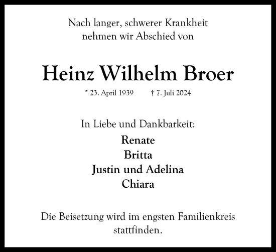 Traueranzeige von Heinz Wilhelm Broer von Tageszeitung