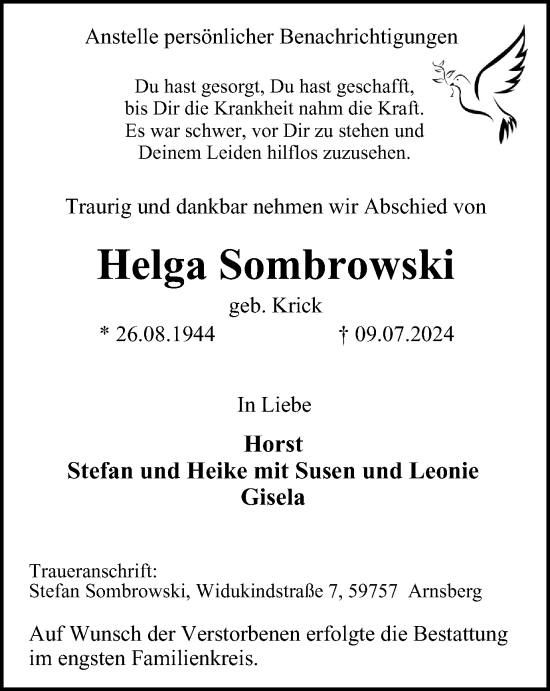 Traueranzeige von Helga Sombrowski von Tageszeitung