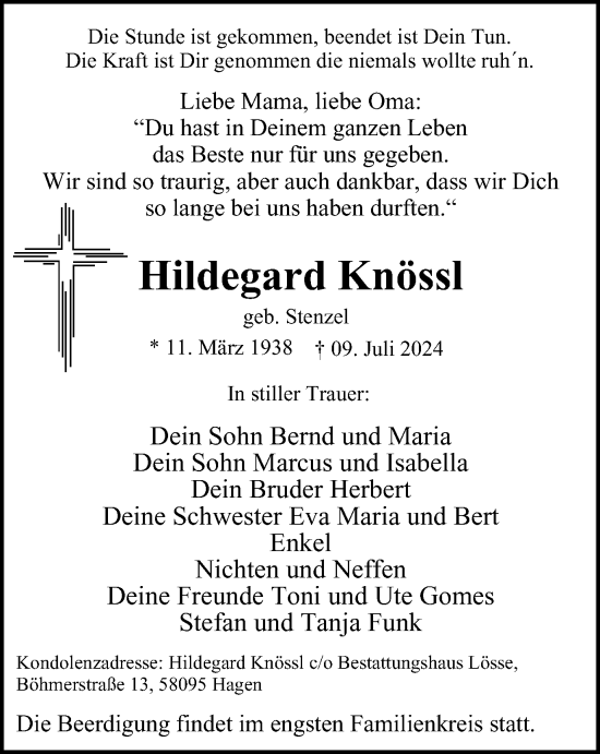 Traueranzeige von Hildegard Knössl von Tageszeitung