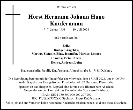 Traueranzeige von Horst Hermann Johann HUgo Knüfermann von Tageszeitung