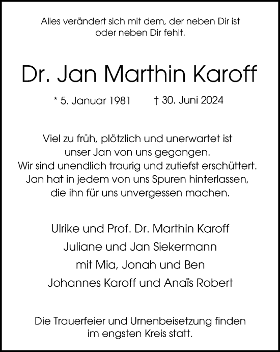Traueranzeige von Jan Marthin Karoff von Tageszeitung