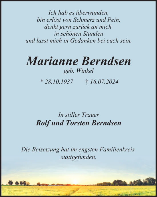 Traueranzeige von Marianne Berndsen von Tageszeitung