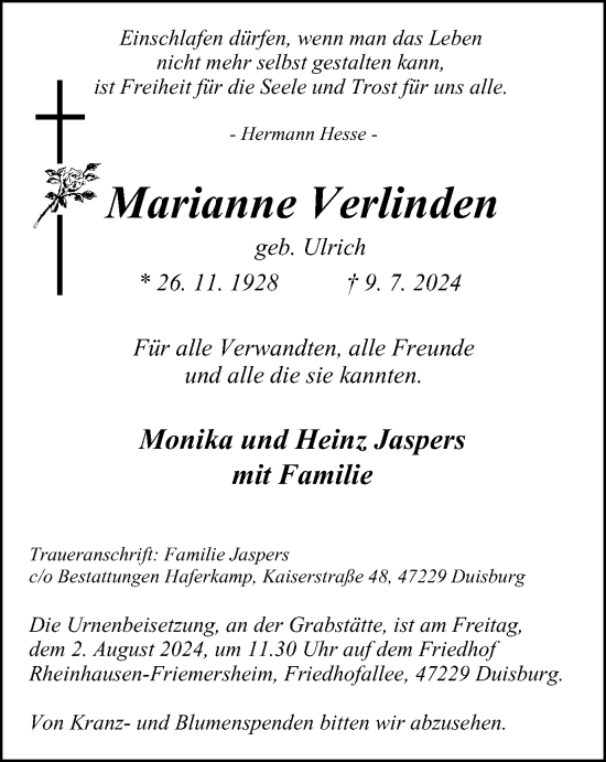 Traueranzeige von Marianne Verlinden von Tageszeitung