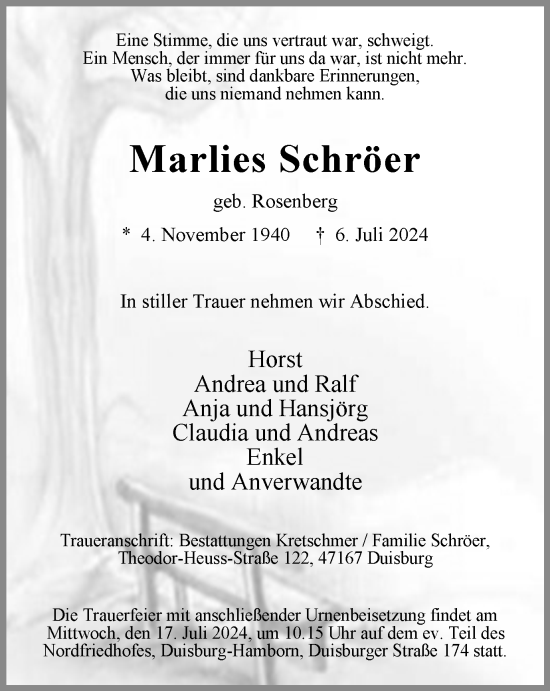 Traueranzeige von Marlies Schröer von Tageszeitung