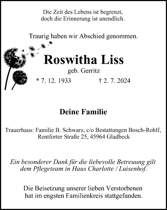 Traueranzeige von Roswitha Liss von Tageszeitung