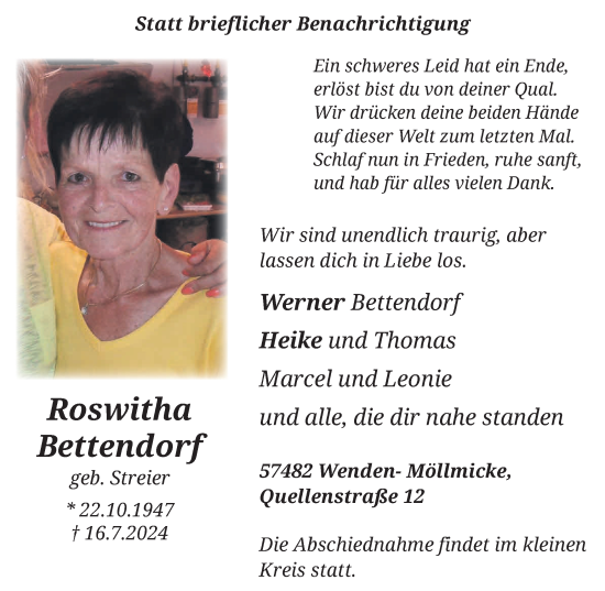 Traueranzeige von Rowitha Bettendorf von Tageszeitung