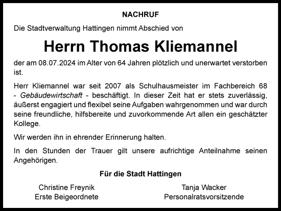Traueranzeige von Thomas Kliemannel von Tageszeitung