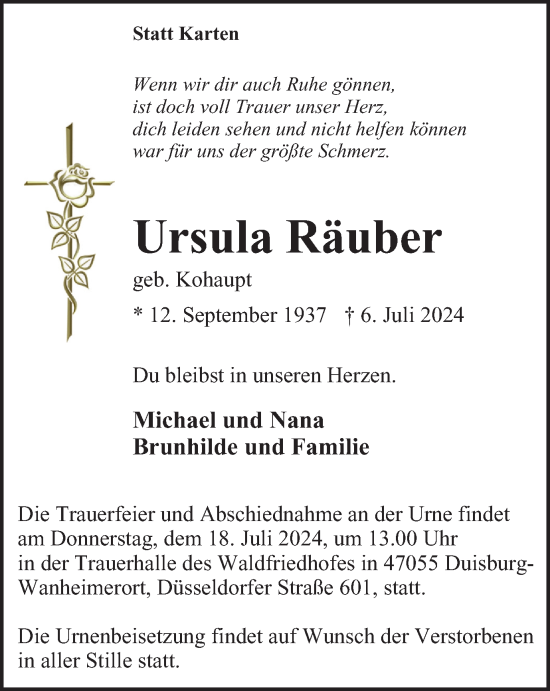 Traueranzeige von Ursula Räuber von Tageszeitung